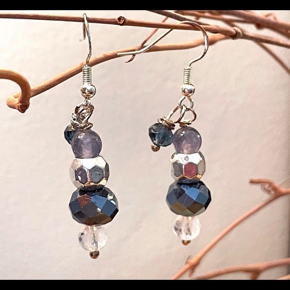 𝅺BOHO Indie Sterling Silver Earrings 🌟Purple & Deep Blue Crystal Handcrafted - Picture 2 of 11